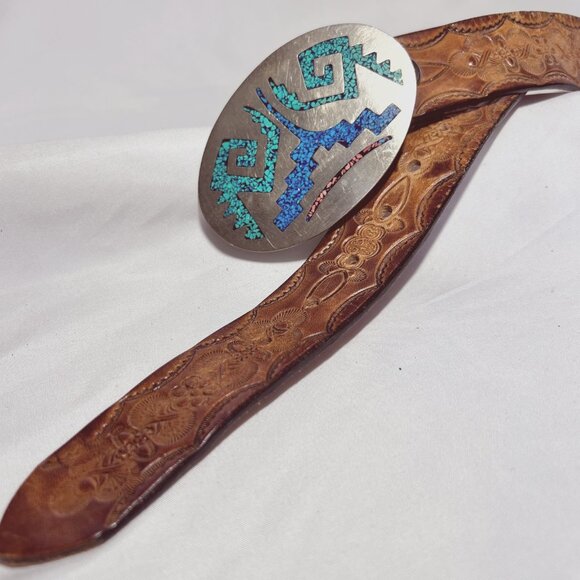 Mexican Silver-Turquoise Belt Buckle-Inlaid Stones/Chips-Tooled Leather Vintage main image 4